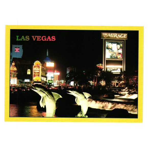 Mirage Casino Marquee Vintage Postcard Dolphin Statues Vegas Strip Night Lights - Picture 1 of 2